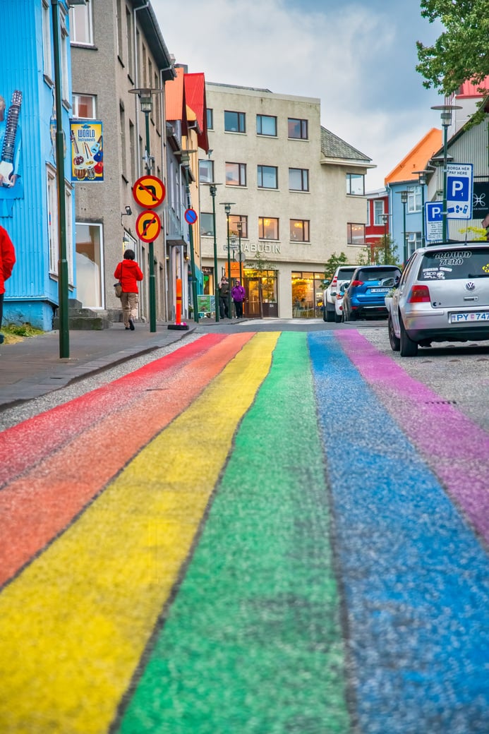 Reykjavik, Iceland - August 11, 2019: Rainbow Painted Street to